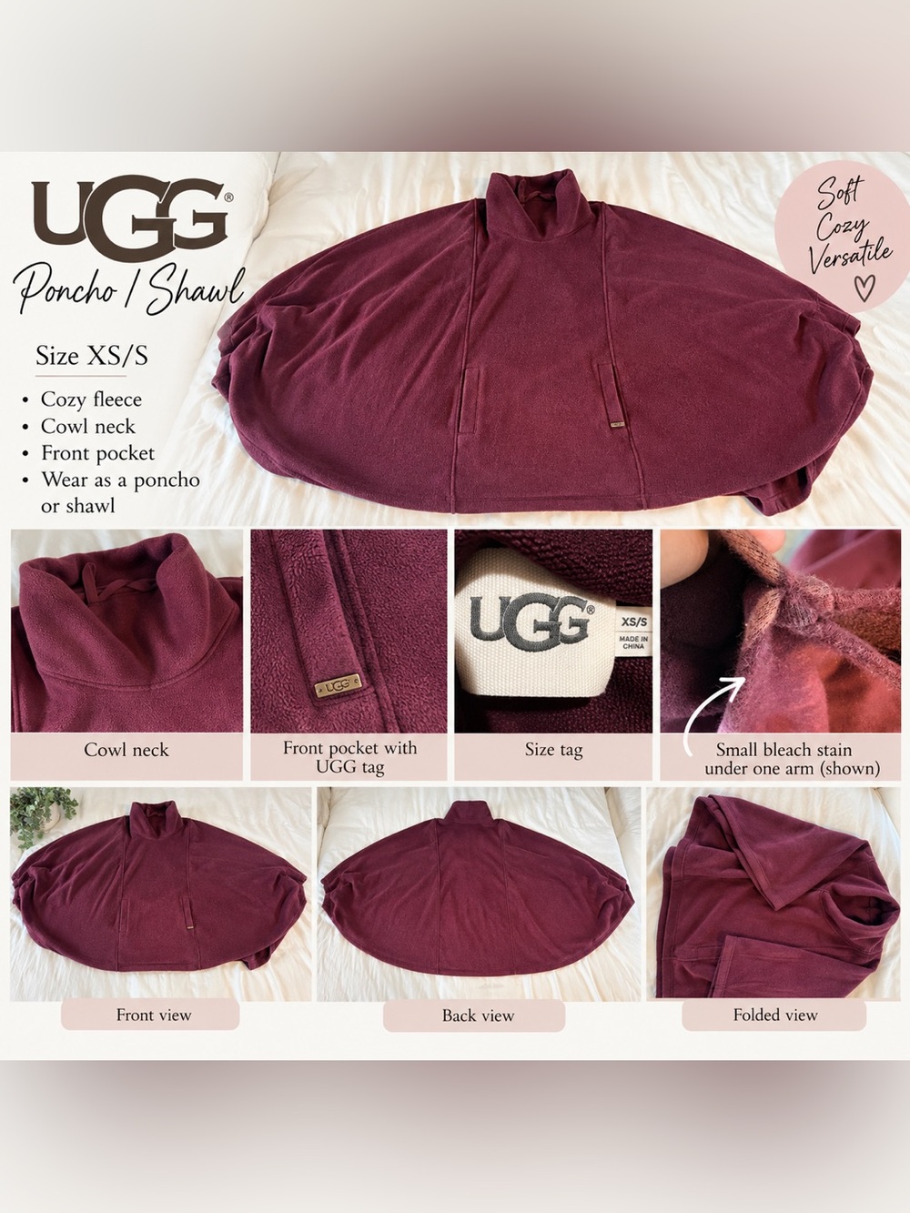 UGG Women's Wine Plum Fleece Poncho with Cowl Neck